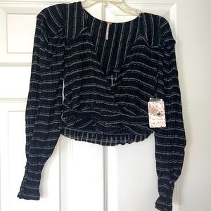 🌚 NWT! Free People faux wrap crop top with silver & blue stripes